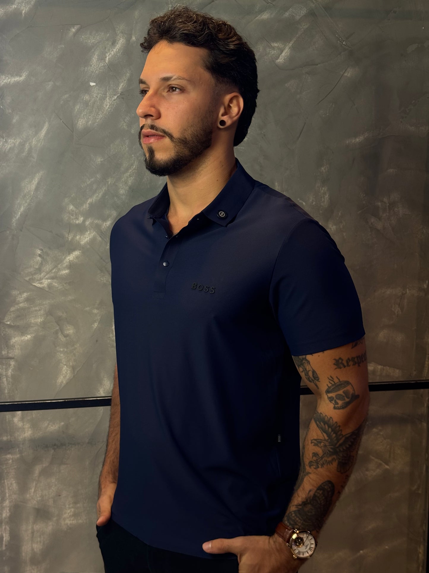 Camisa Polo Boss - Tecido Tecnológico - Azul Marinho