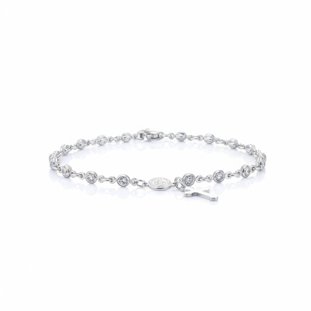 Pulseira De Prata Terço Rosary Ajustável 15 a 21CM