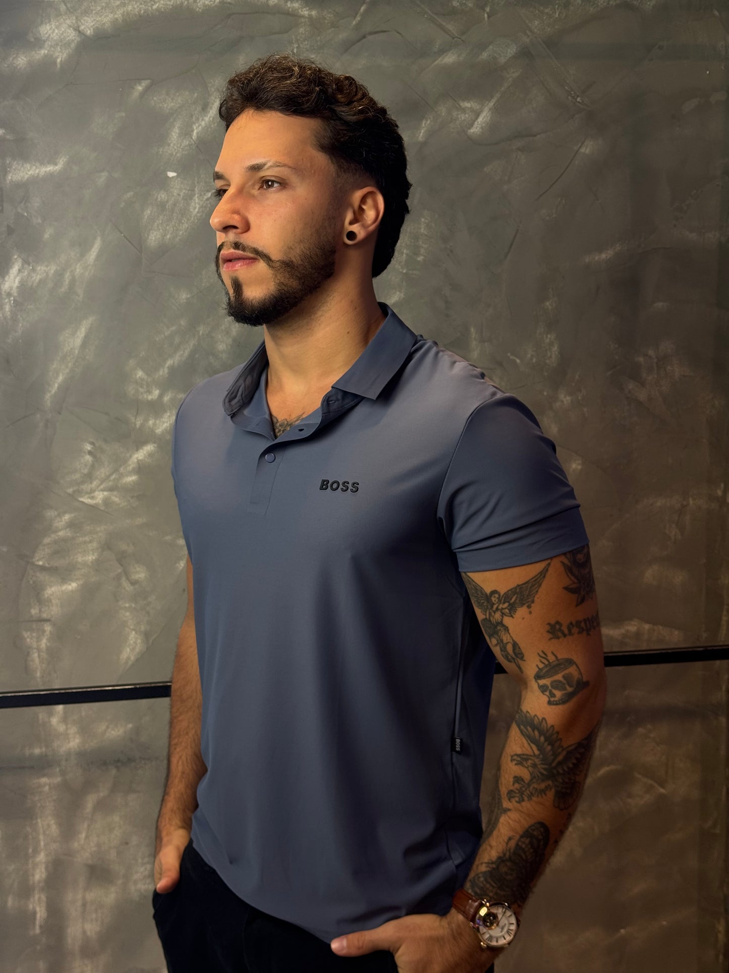Camisa Polo Boss - Tecido Tecnológico - Cinza Azulado