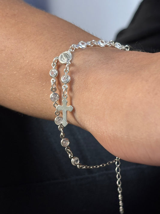 Pulseira De Prata Terço Rosary Ajustável 15 a 21CM