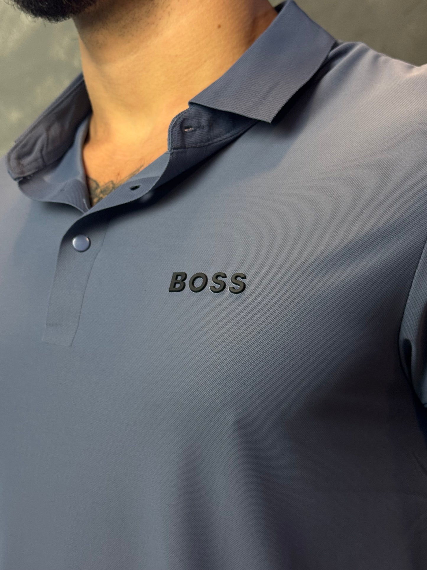 Camisa Polo Boss - Tecido Tecnológico - Cinza Azulado